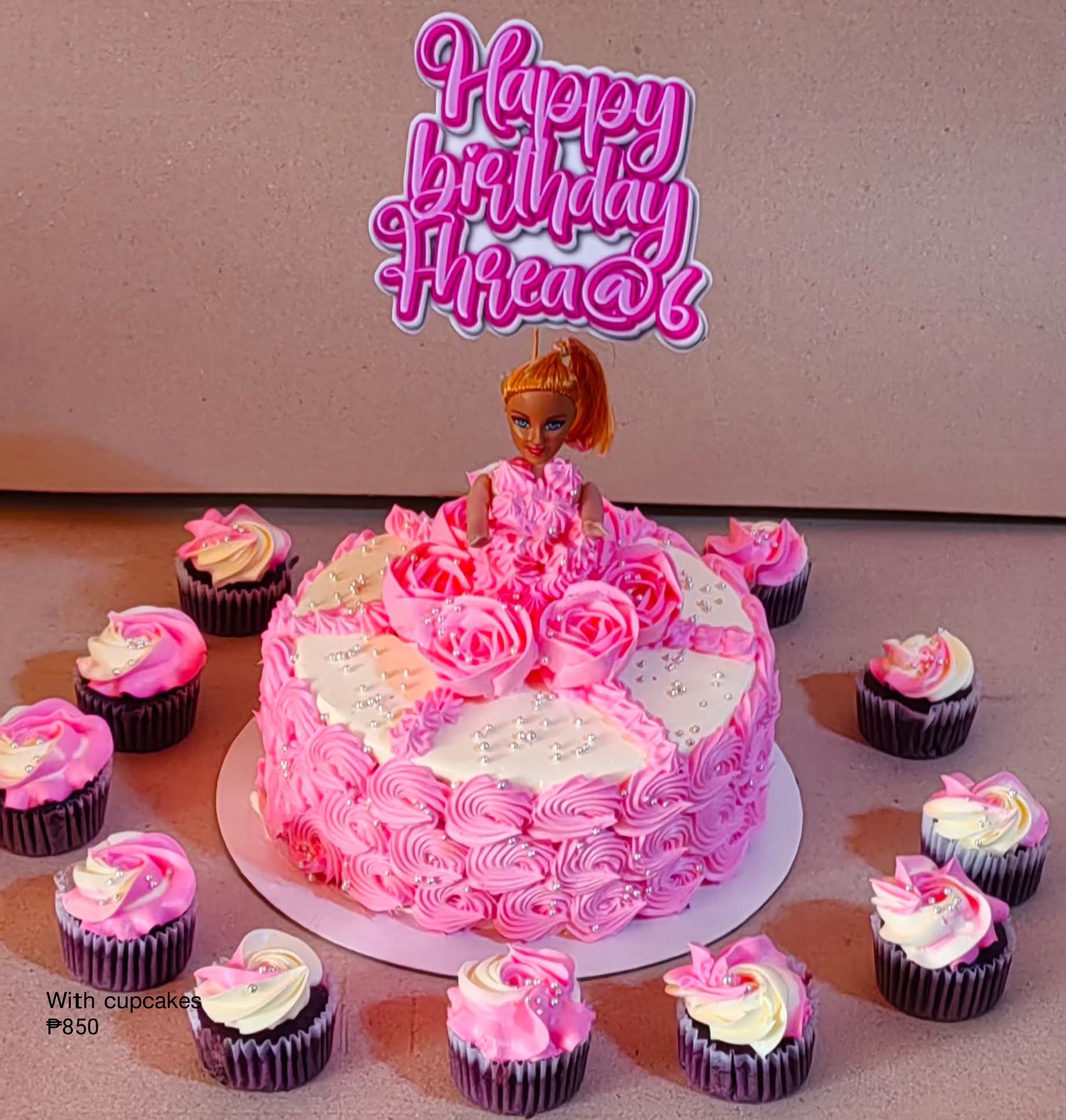 Pink Doll Cake with Cupcakes